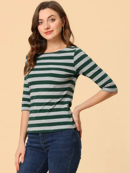 Allegra K- Boat Neck Elbow Sleeve Slim Fit Stripe T-Shirt