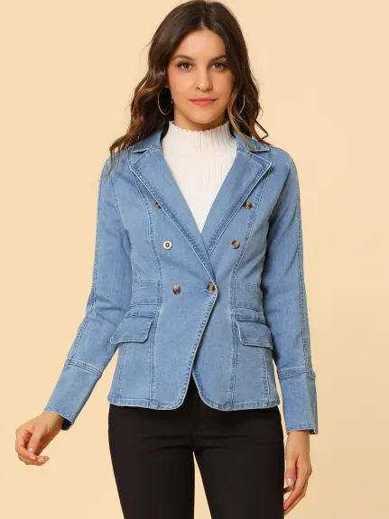 Allegra K- Veste en jean boutonnée à revers cranté avec poches