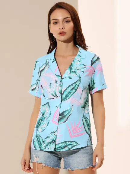 Allegra K- Beach Tropical Floral Leaves Button Down Shirts