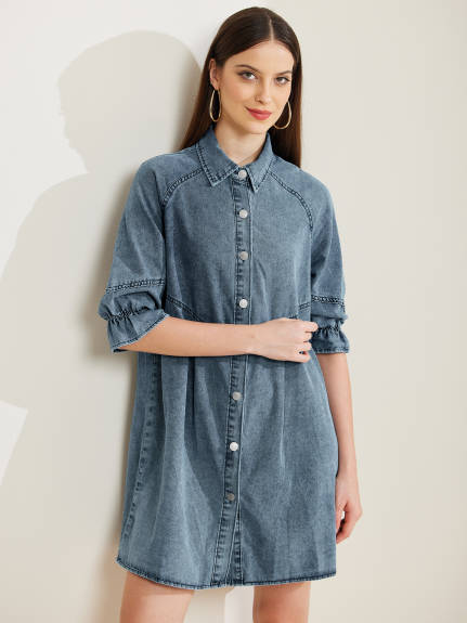 Allegra K - Babydoll Mini Jean Shirt Dresses