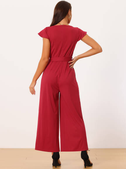 Allegra K - Cap Sleeve Belted High Waist Casual Jumpsuit