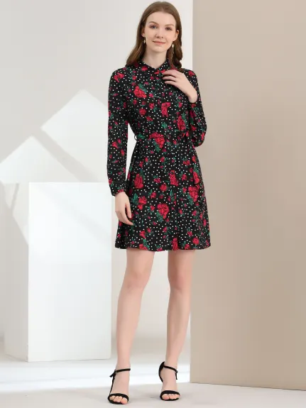 Allegra K- Lapel Button Down Belted Floral Shirt Dress