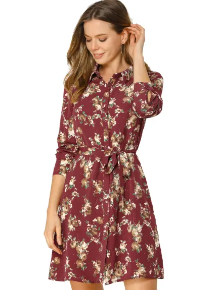 Allegra K- Lapel Button Down Belted Floral Shirt Dress