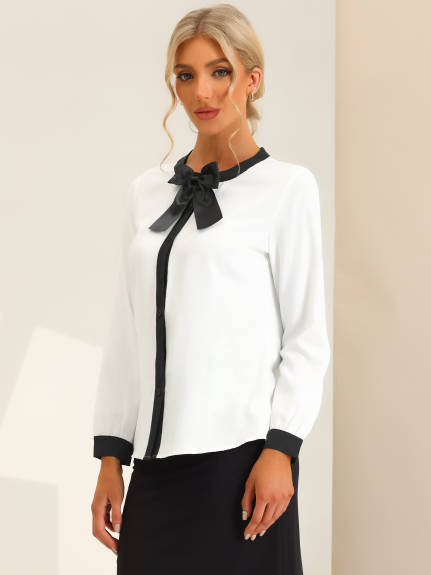 Allegra K- Bow Neck Contrast Shirt Blouse