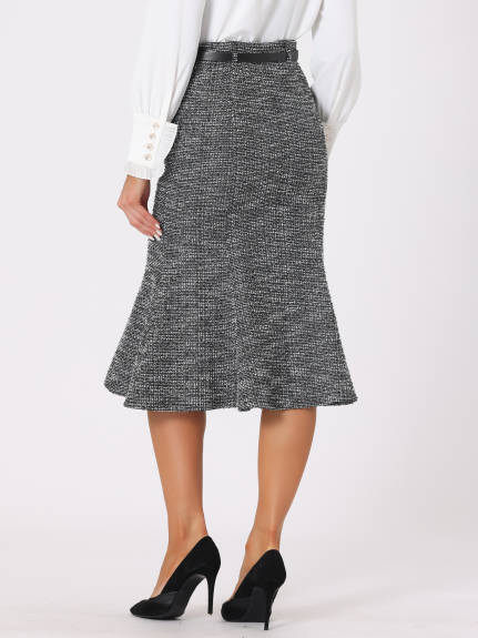 Allegra K- Tweed Plaid Belted Fishtail Bodycon Midi Skirt