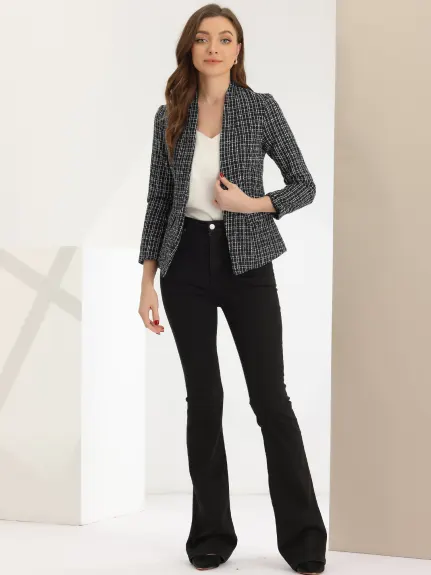 Allegra K- Vestes blazer à manches longues en tweed à carreaux