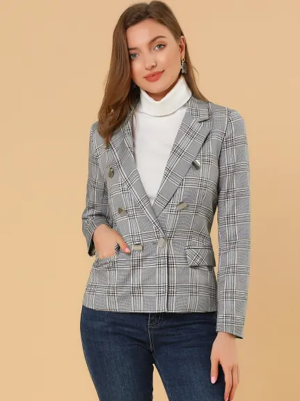 Allegra K- Veste blazer à revers cranté à carreaux