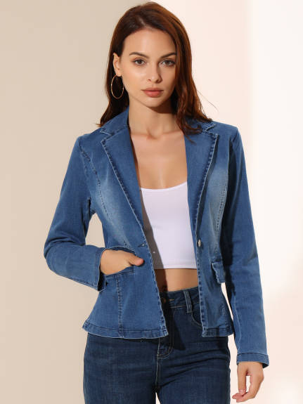 Allegra K- Casual Notched Lapel One Button Denim Blazer