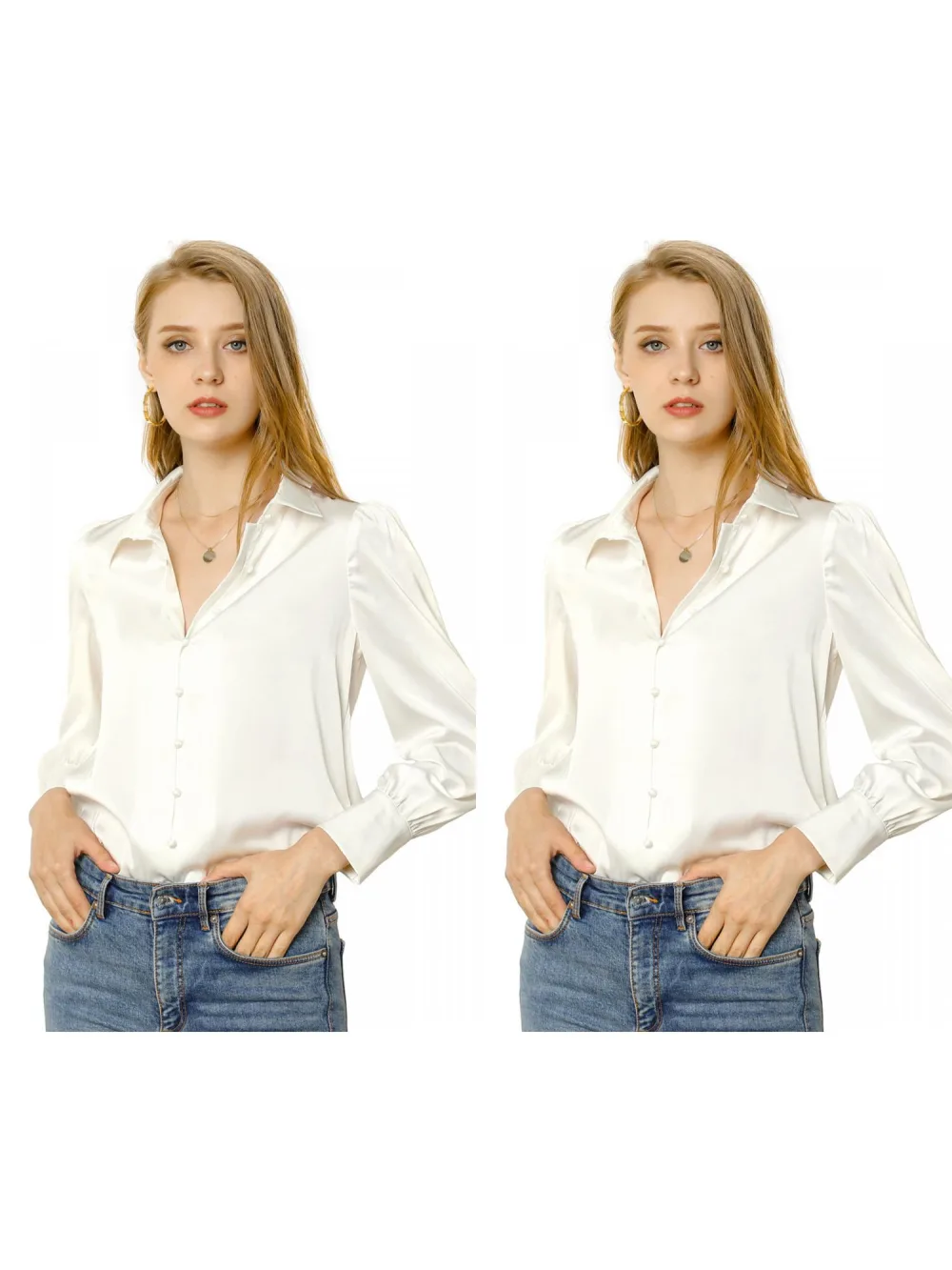 Allegra K- Satin Puff Sleeve Shirts Pack, White Combo 1