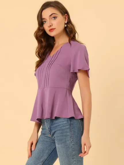 Allegra K - Chiffon V-Neck Pleated Peplum Top