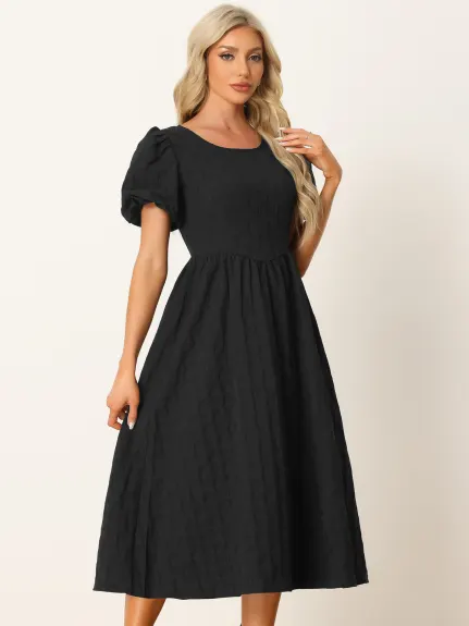 Allegra K- Puff Sleeve Round Neck Textured Dress