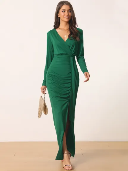 Allegra K- Maxi Bodycon V Neck Draped Front Ruched Cocktail Dress with Slit