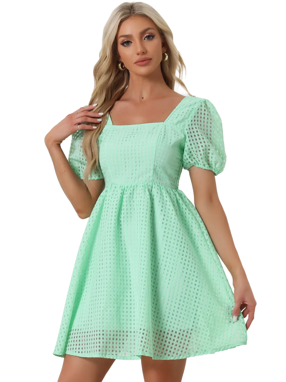 Allegra K- Short Sleeve Square Neck A-Line Dress