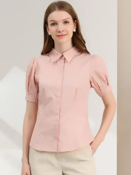 Allegra K- Puff Sleeve Collared Cotton Shirt