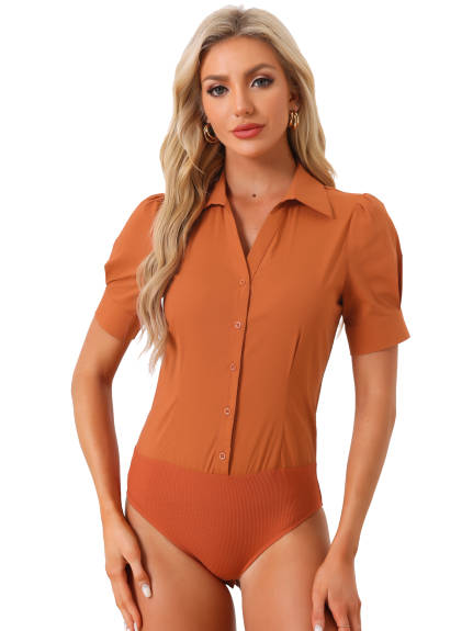 Allegra K - Button Short Sleeve Leotard Shirt Bodysuit