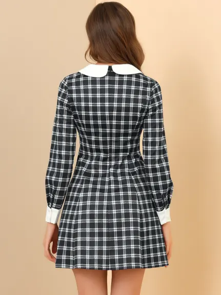 Allegra K- Contrast Peter Pan Collar Long Sleeve A-Line Plaid Dress