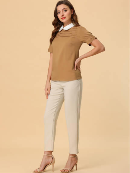 Allegra K- Pan Collar Puff Short Sleeve Pleated Blosue