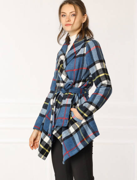 Allegra K- Turn Down Collar Asymmetric Hem Plaids Coat