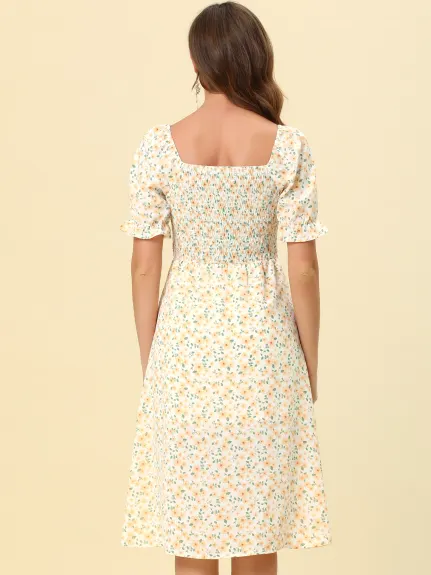 Allegra K- Square Neck Puff Sleeves Midi Smocked Floral Dress