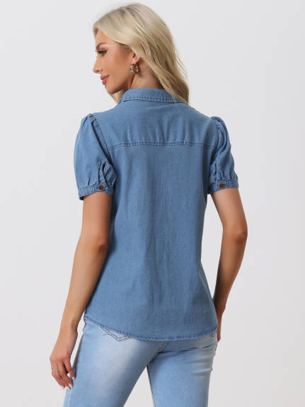 Allegra K- Denim Collared Puff Sleeve Shirt