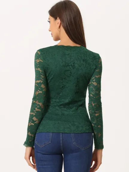 Allegra K- Round Neck Long Sleeve Embroidery Lace Blouse