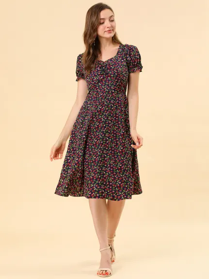 Allegra K- Floral Sweetheart Cherry Print Flare Dress