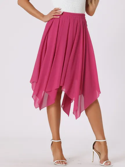 Allegra K- Elastic Waist Chiffon Handkerchief Hem Midi Skirt