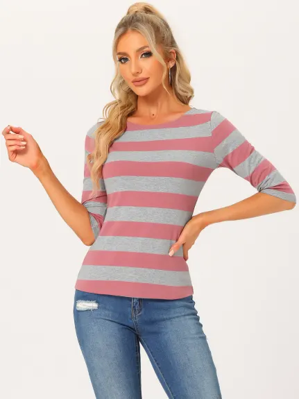 Allegra K- Boat Neck Elbow Sleeve Slim Fit Stripe T-Shirt