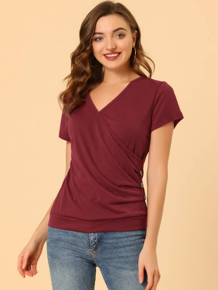 Allegra K - Wrap V Neck Short Sleeve Ruched Top