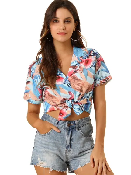 Allegra K- Beach Tropical Printed Button Down Shirt