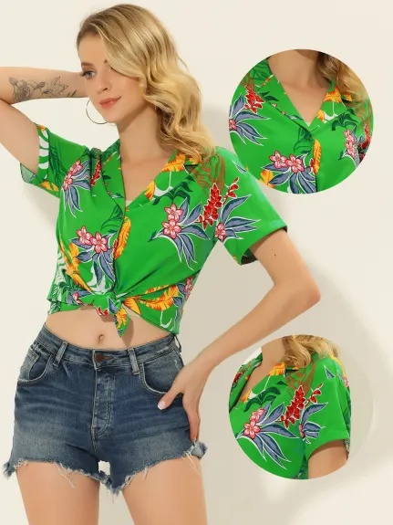 Allegra K- Beach Tropical Floral Leaves Button Down Shirt