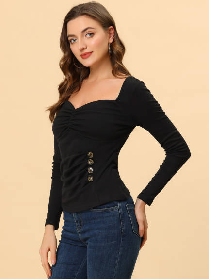 Allegra K - Long Sleeve Ruched Slim Rib Knit Top