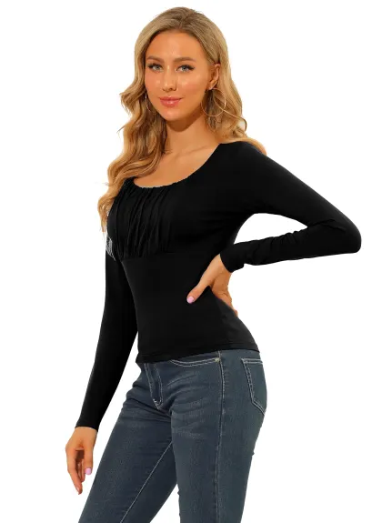 Allegra K - Scoop Neck Long Sleeves Ruched Fitted Top