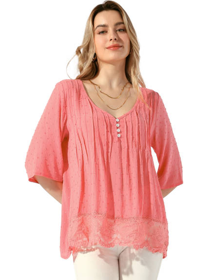 Allegra K - Lace V Neck Summer Lace Hem Top