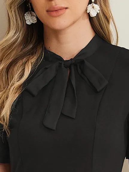 Allegra K- Bow Tie Keyhole Neck Puff Sleeve Dress