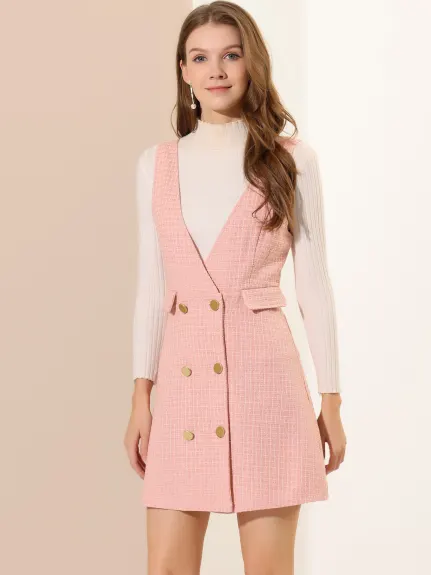 Allegra K - Elegant Button Plaid Tweed Overalls Skirt