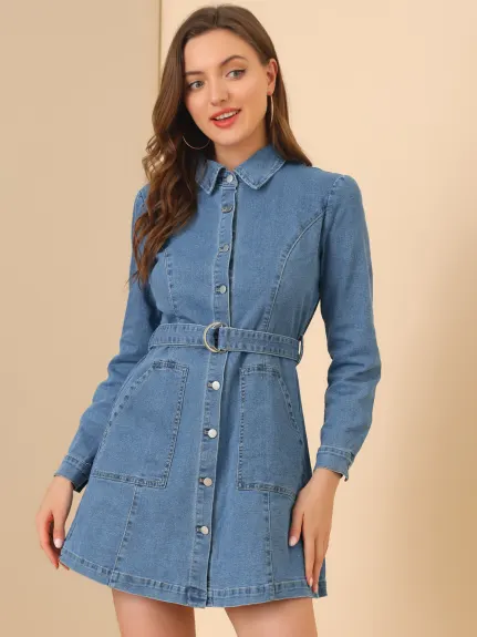 Allegra K- Long Sleeves Belted Denim Shirt Dress