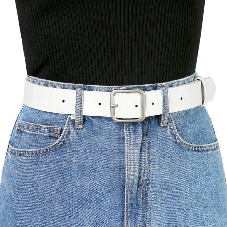 Allegra K- Square Pin Silver Buckle Wide Leather Waist Belt