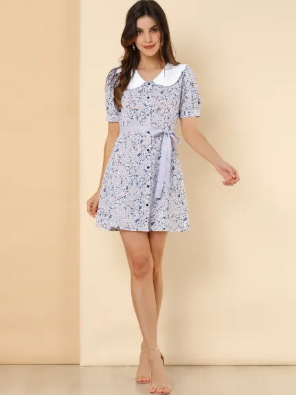 Allegra K- Robe chemise à manches courtes avec nœud papillon et fleurs