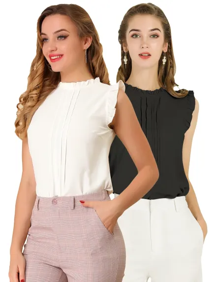 Allegra K- Mandarin Collar Sleeveless Pleated Blouse 2-Pack, White