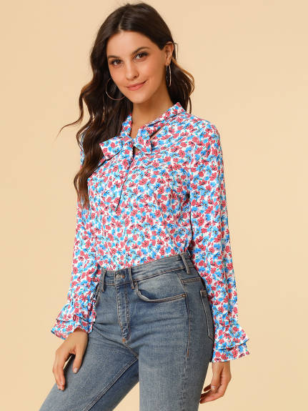 Allegra K- Floral Tie Neck Chiffon Ruffle Blouse