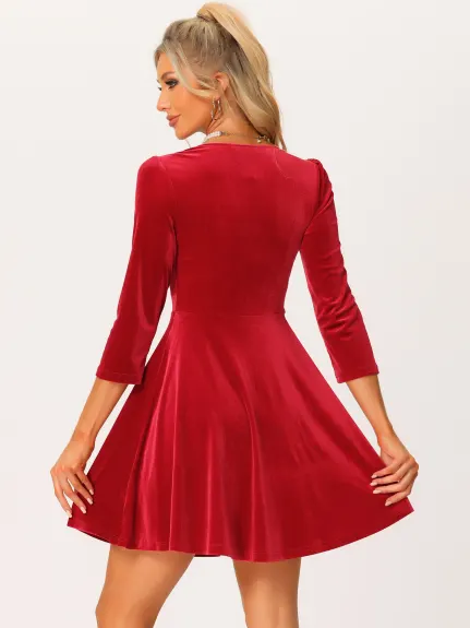 Allegra K- Vintage Square Neck 3/4 Sleeve Velvet Dress