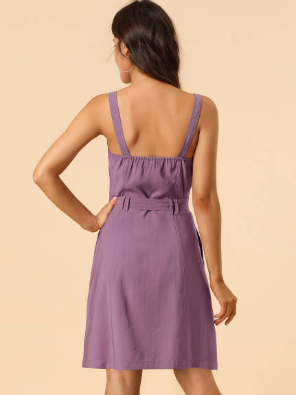 Allegra K- Belted Spaghetti Strap Button Dress