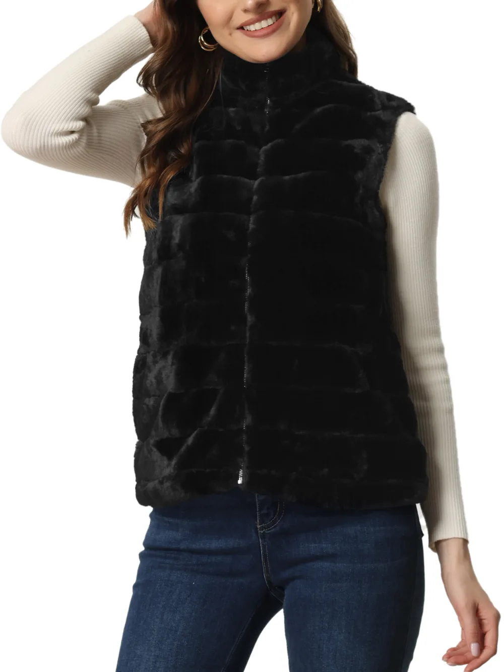Allegra K - Sleeveless Winter Zip-Up Faux Fur Jacket