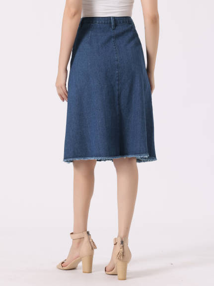 Allegra K- Raw Hem Button Down Denim Skirt