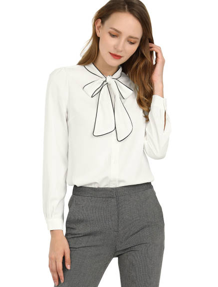 Allegra K- Long Sleeve Bow Tie Shirt