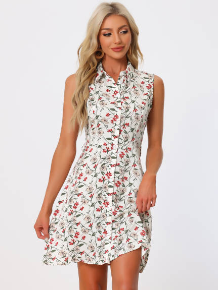 Allegra K - Sleeveless Turndown Collar Above Knee Button Down Floral Print Dress