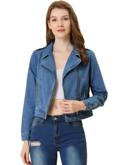 Allegra K- Notched Lapel Asymmetric Zip Moto Denim Jacket