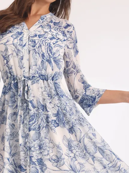 Hobemty- Floral Half Sleeve Tie Waist Button Down Dress