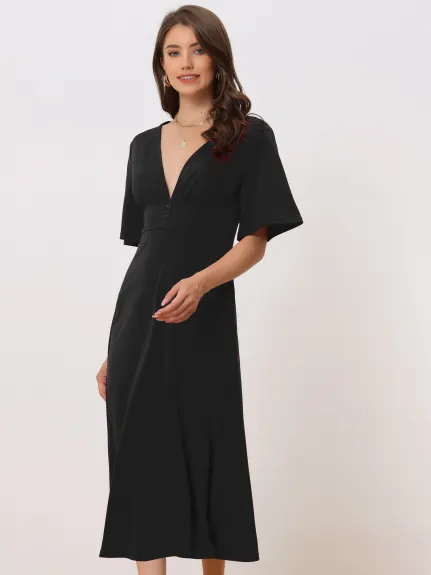 Allegra K- Short Sleeve A Line Swing Fit and Flared Cocktail Midi Dress